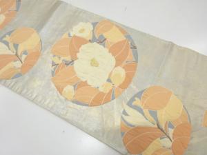 アンティーク　引箔　椿模様織り出し袋帯（材料）
